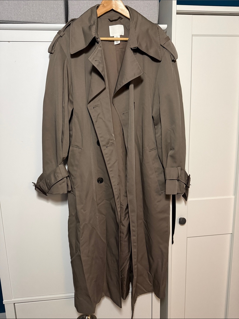 H&M Women's Long Double-Breasted Trench Coat in Olive Taupe